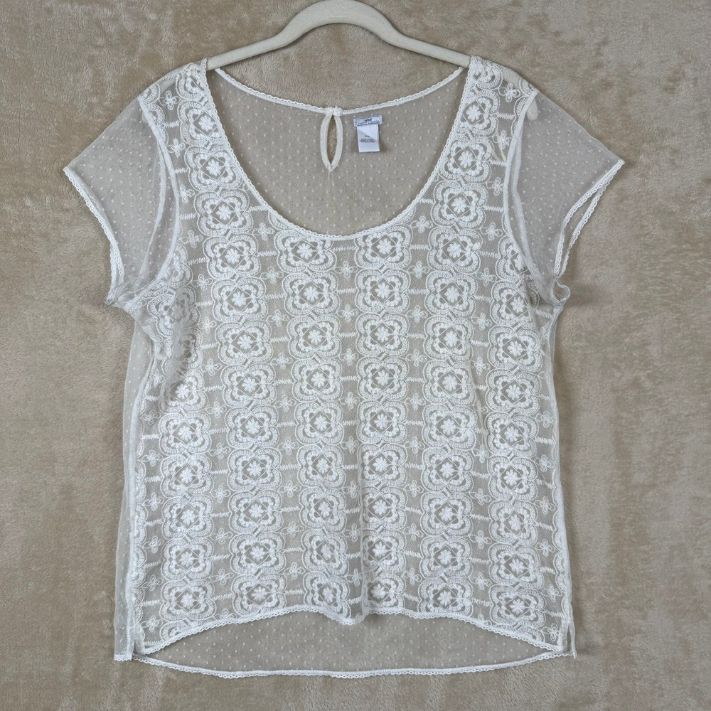 Aerie Pretty Luxuries White Sheer Lace‎ Polka Dot Top Blouse XL